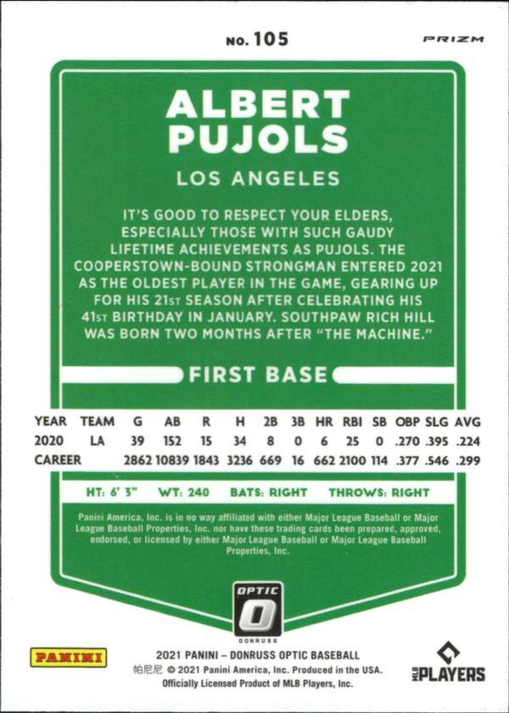 2021 Donruss Optic Holo #105 Albert Pujols Los Angeles Angels
