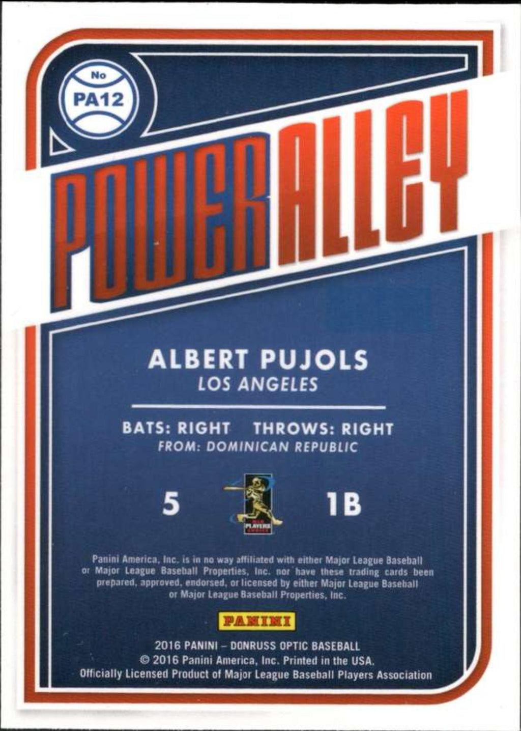 2016 Donruss Optic Power Alley #PA12 Albert Pujols Los Angeles Angels