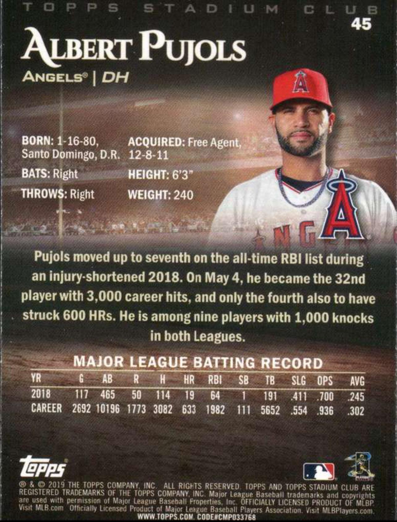 2019 Stadium Club #45 Albert Pujols Los Angeles Angels