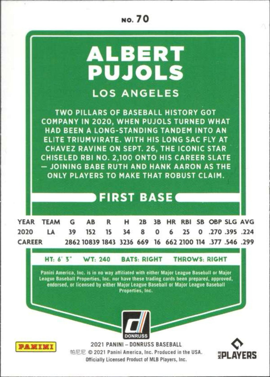 2021 Donruss Holo Blue #70 Albert Pujols Los Angeles Angels