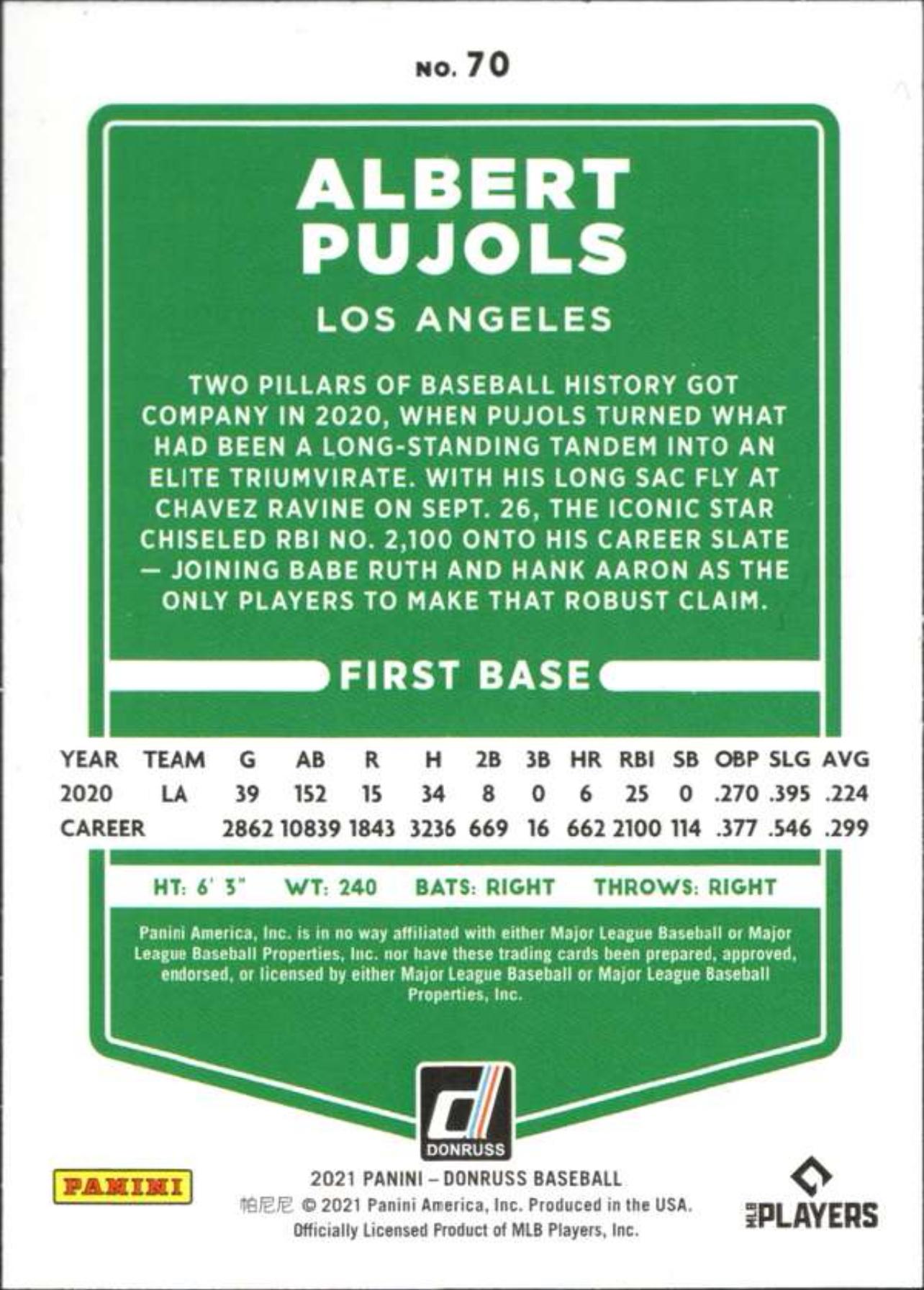 2021 Donruss Holo Blue #70 Albert Pujols Los Angeles Angels