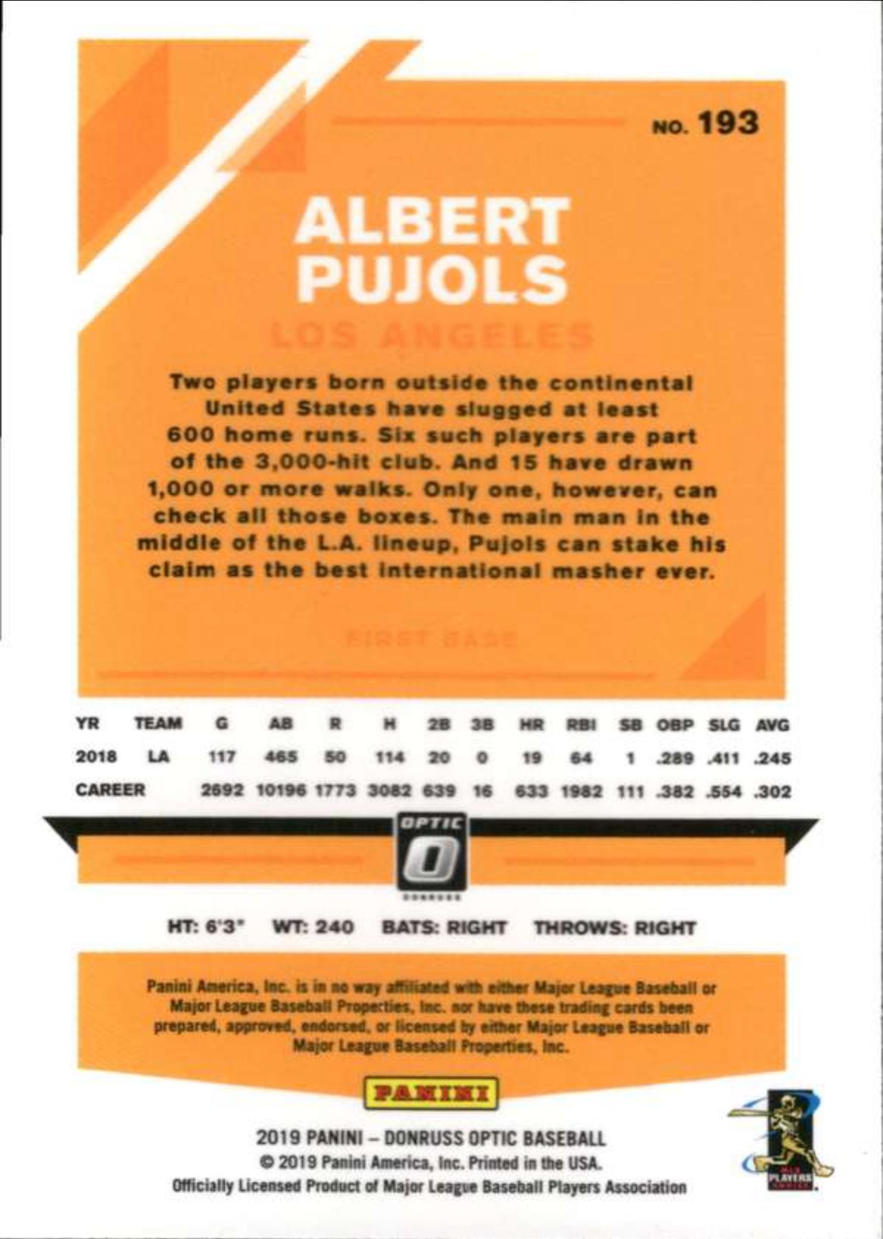 2019 Donruss Optic #193 Albert Pujols Los Angeles Angels