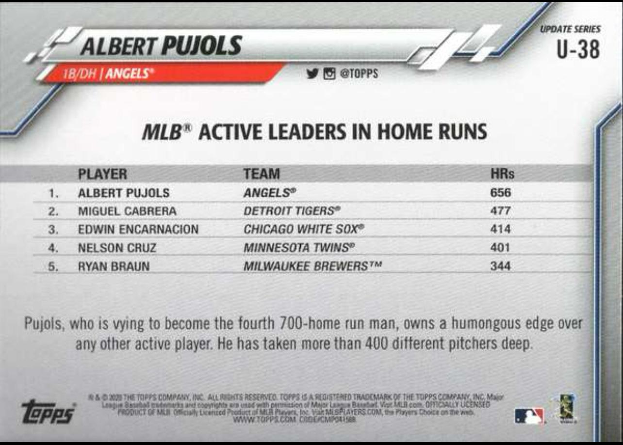 2020 Topps Update Gold Foil #U-38 Albert Pujols Los Angeles Angels