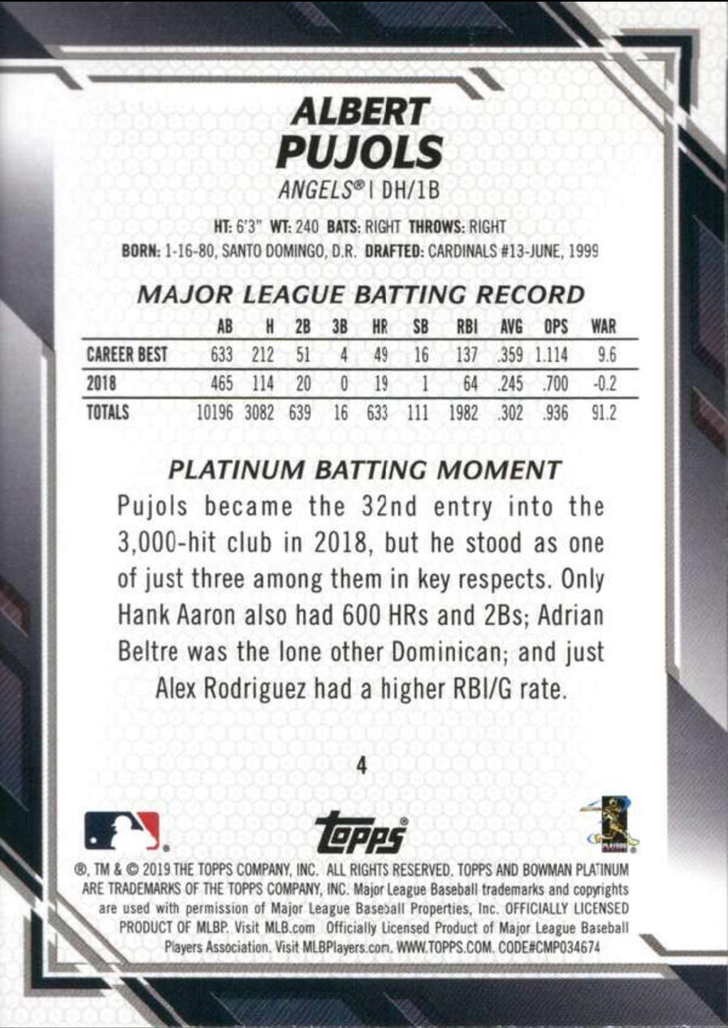 2019 Bowman Platinum #4 Albert Pujols Los Angeles Angels