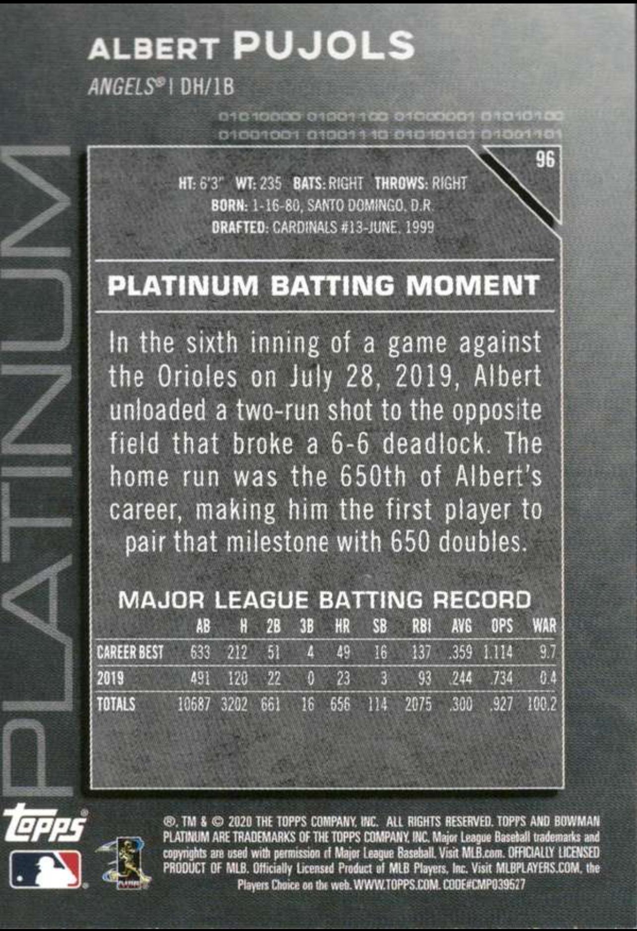 2020 Bowman Platinum #96 Albert Pujols Los Angeles Angels