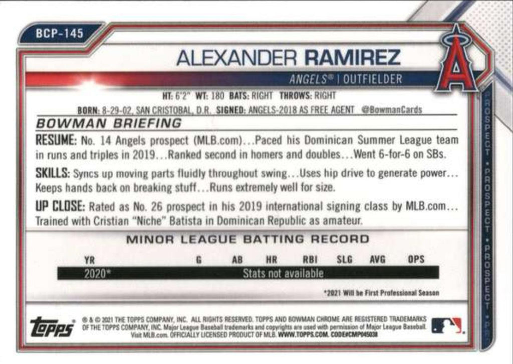 2021 Bowman Sapphire Edition #BCP-145 Alexander Ramirez Los Angeles Angels
