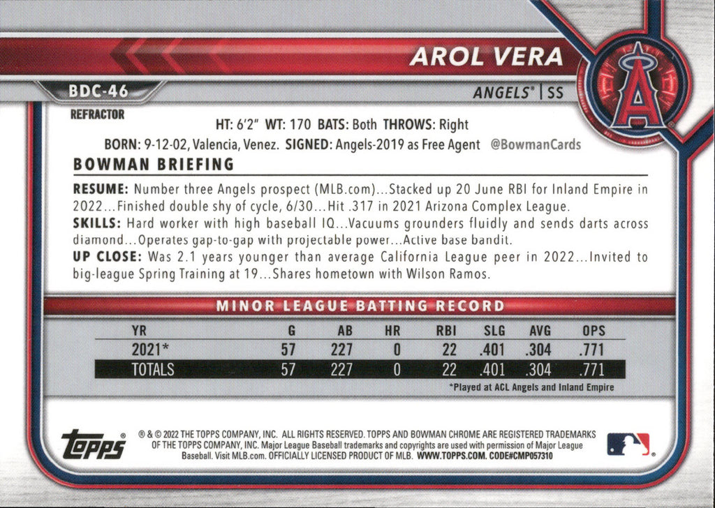 2022 Bowman Draft Chrome Refractor #BDC-46 Arol Vera Los Angeles Angels