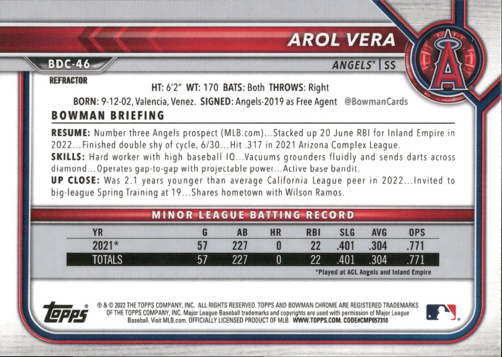 2022 Bowman Draft Chrome Refractor #BDC-46 Arol Vera Los Angeles Angels