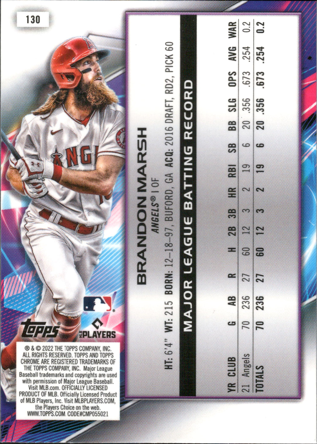 2022 Topps Chrome Cosmic #130 Brandon Marsh RC Los Angeles Angels