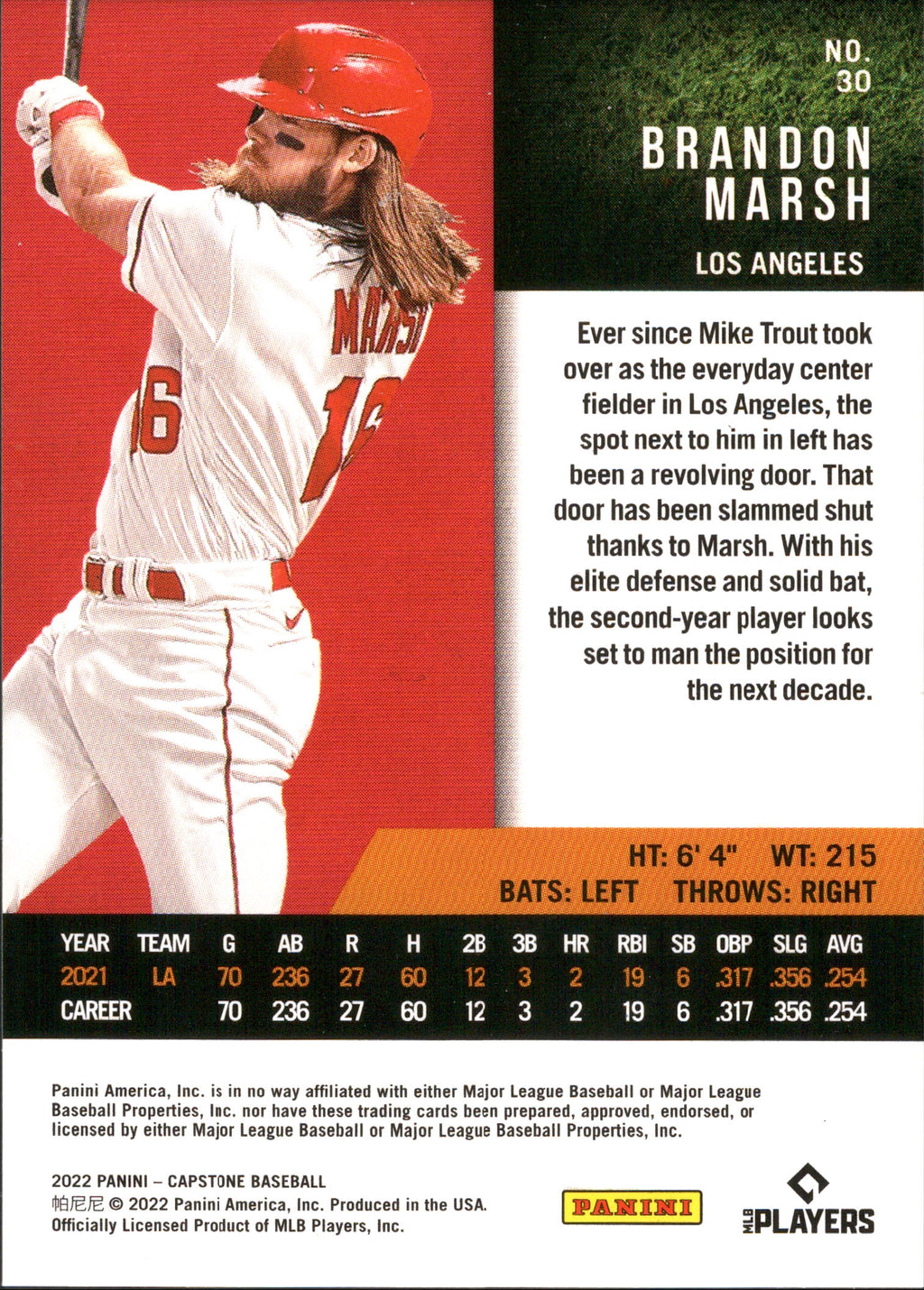 2022 Panini Capstone Red #30 Brandon Marsh ,RC Los Angeles Angels