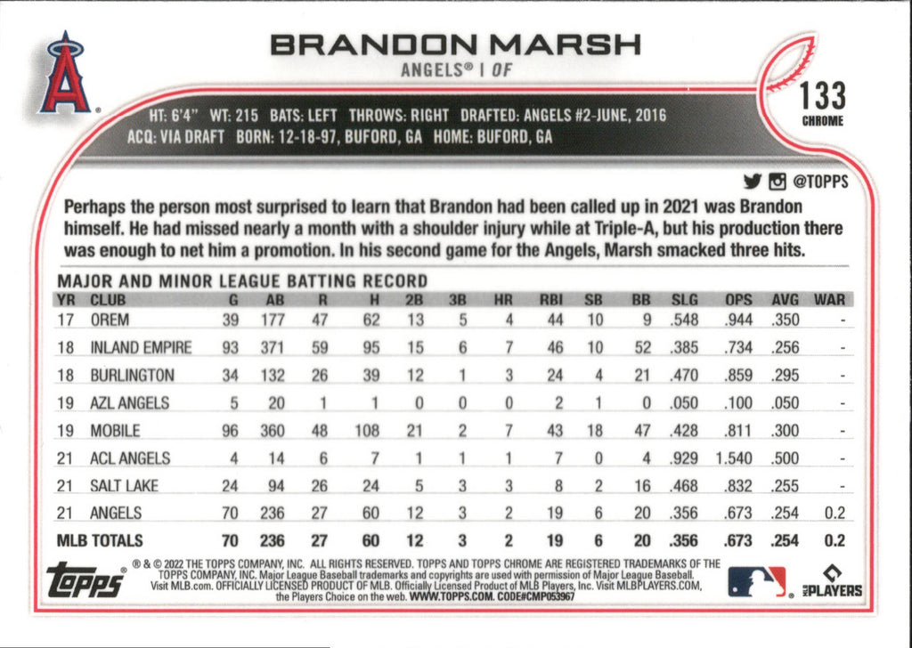 2022 Topps Chrome Prism Refractor #133 Brandon Marsh ,RC Los Angeles Angels