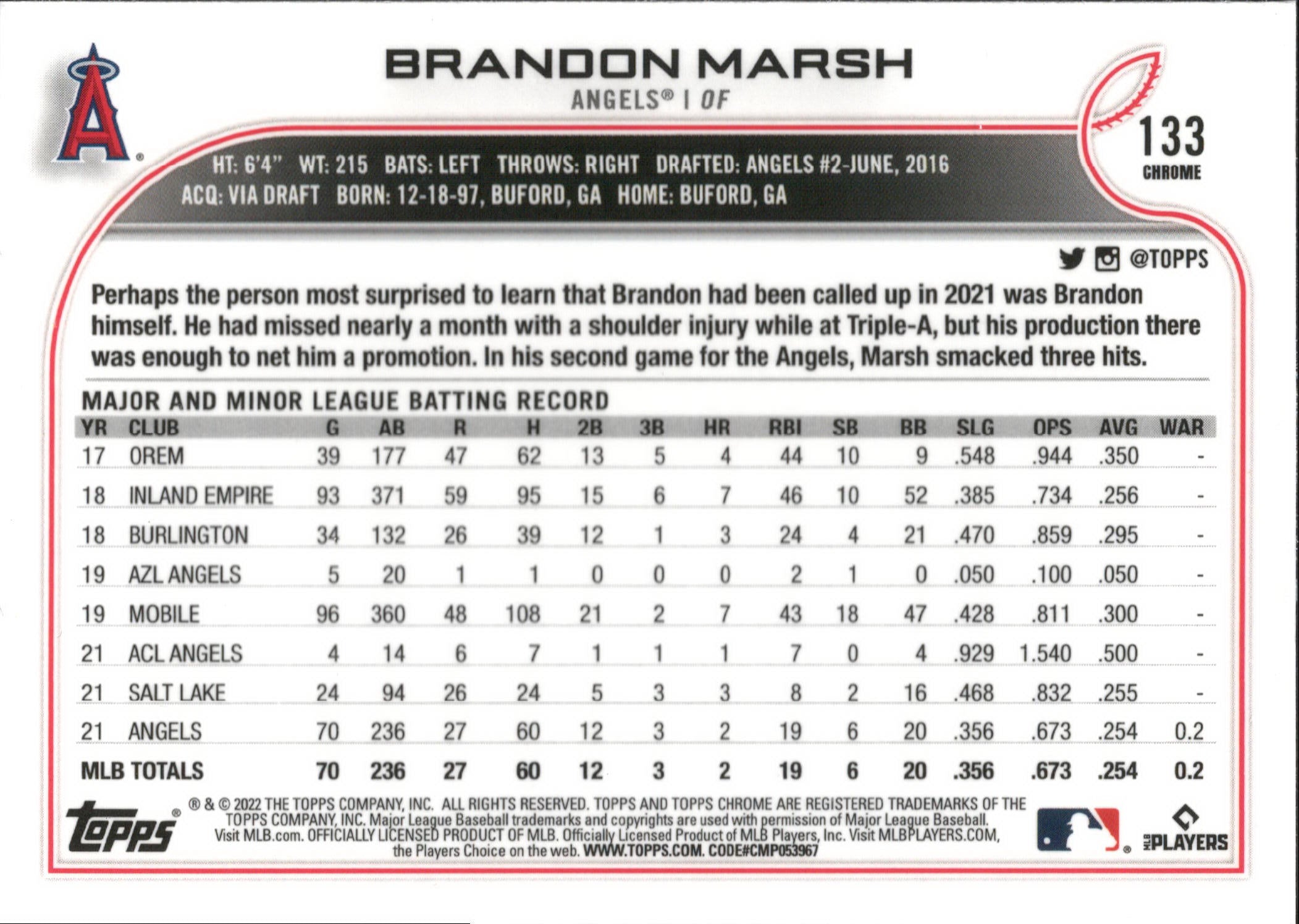2022 Topps Chrome Prism Refractor #133 Brandon Marsh ,RC Los Angeles Angels