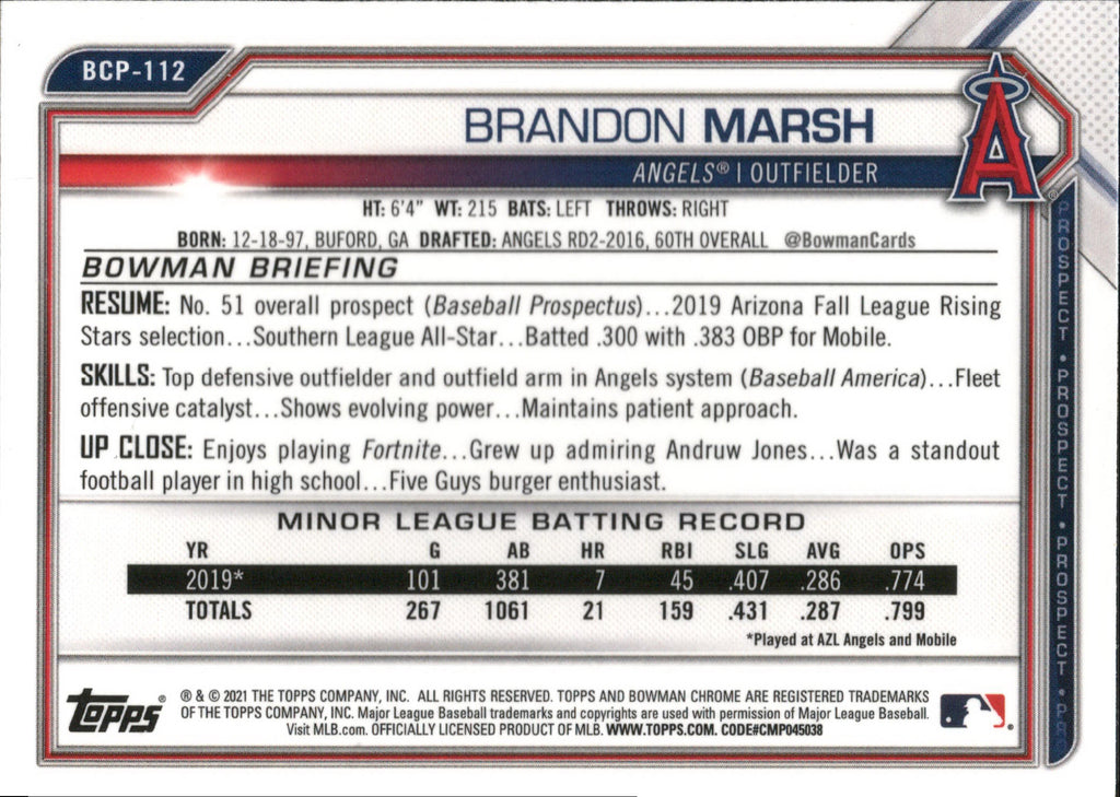 2021 Bowman Sapphire Edition #BCP-112 Brandon Marsh Los Angeles Angels