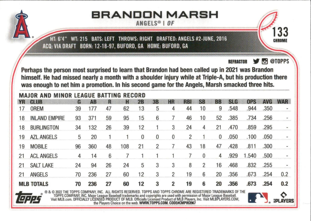 2022 Topps Chrome Refractor #133 Brandon Marsh Los Angeles Angels