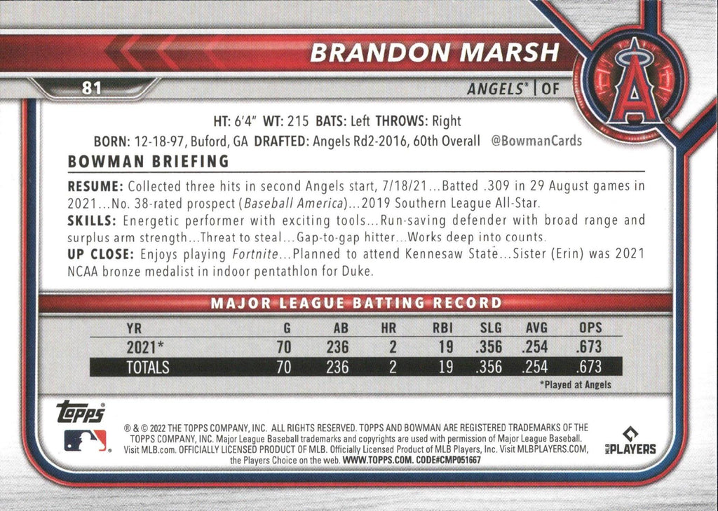 2022 Bowman #81 Brandon Marsh RC Los Angeles Angels