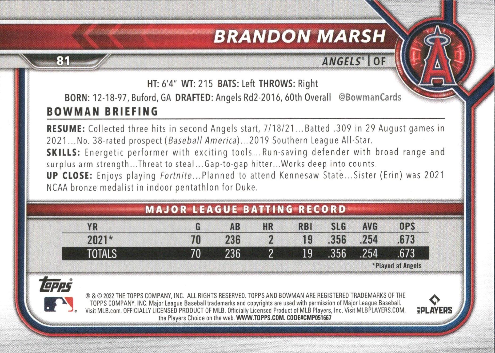 2022 Bowman #81 Brandon Marsh RC Los Angeles Angels