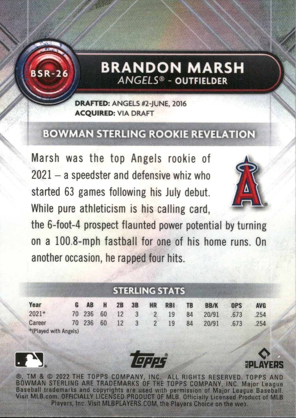 2022 Bowman Sterling #BSR-26 Brandon Marsh RC Los Angeles Angels