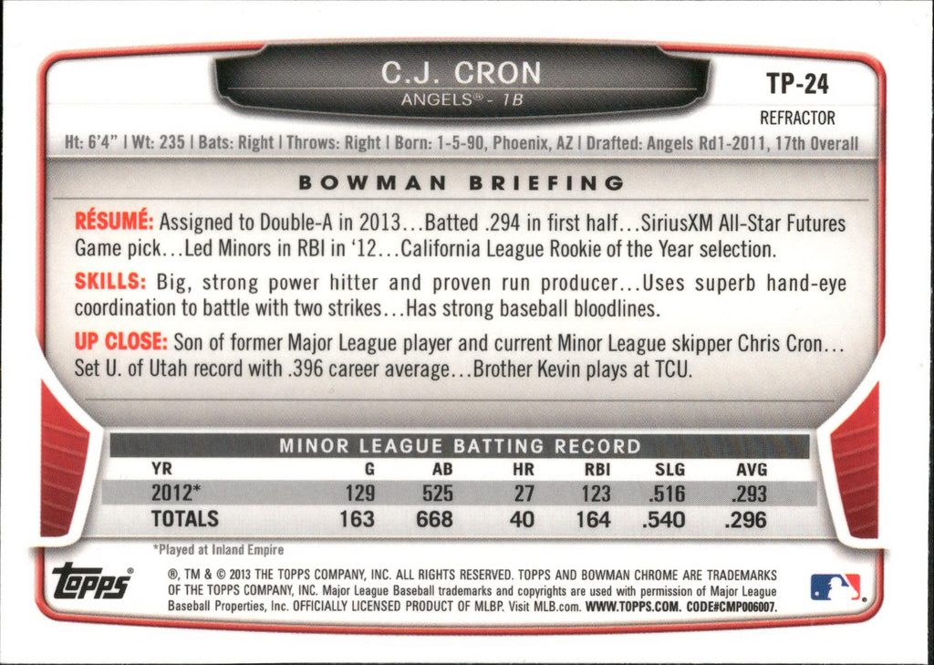 2013 Bowman Draft Picks & Prospects Chrome Refractors #TP-24 C.J. Cron