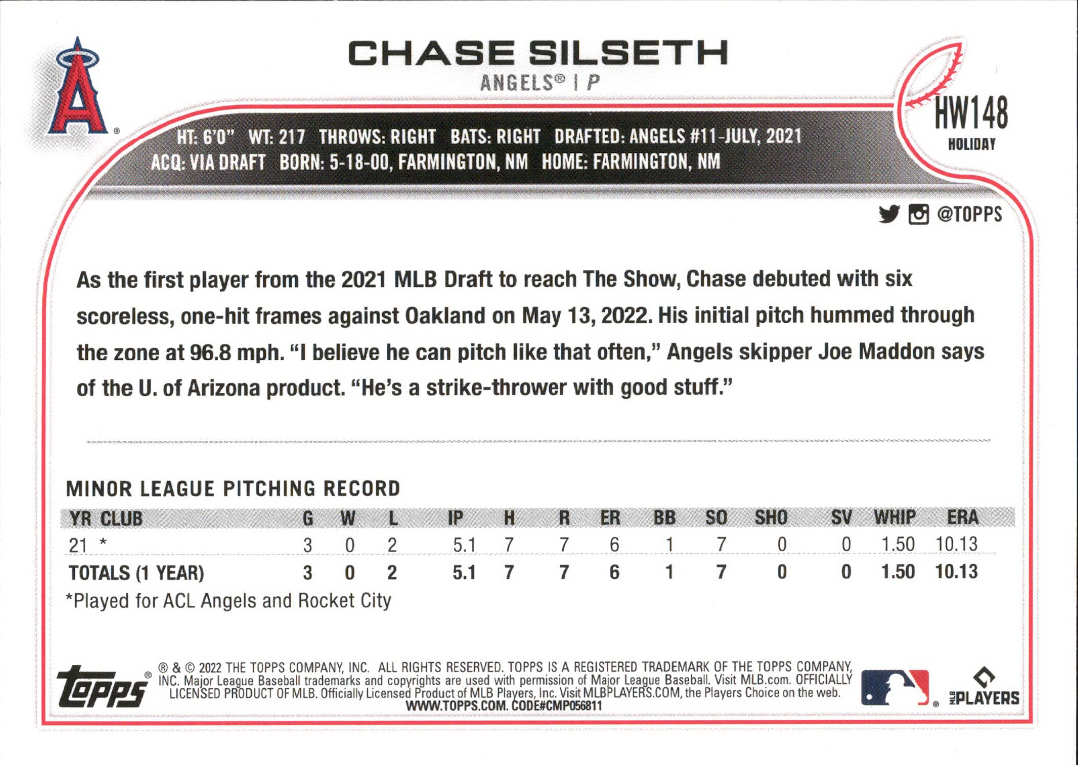 2022 Topps Holiday #HW148 Chase Silseth RC Los Angeles Angels