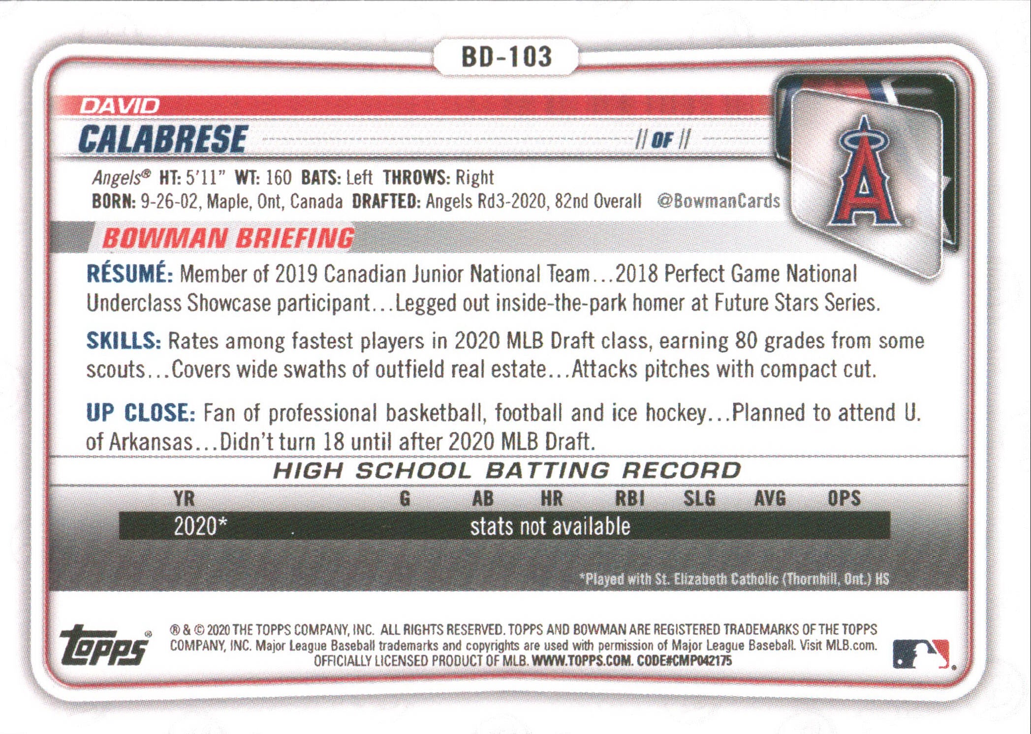 2020 Bowman Draft Sky Blue #BD-103 David Calabrese ,#/499 Los Angeles Angels