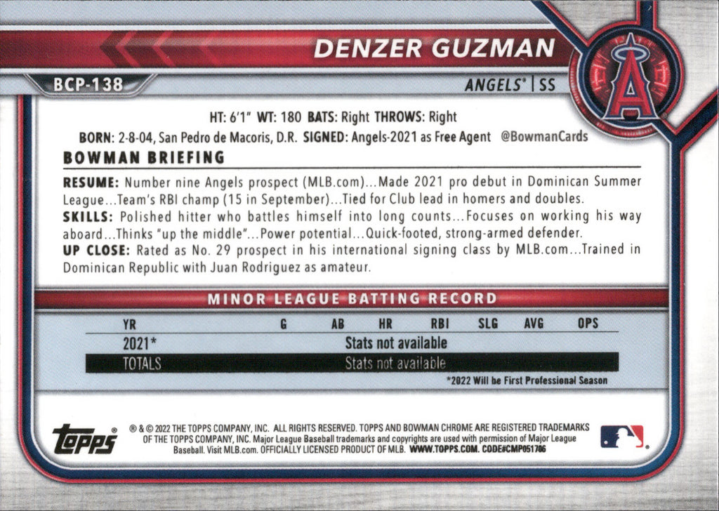 2022 Bowman Chrome Prospects #BCP-138 Denzer Guzman Los Angeles Angels