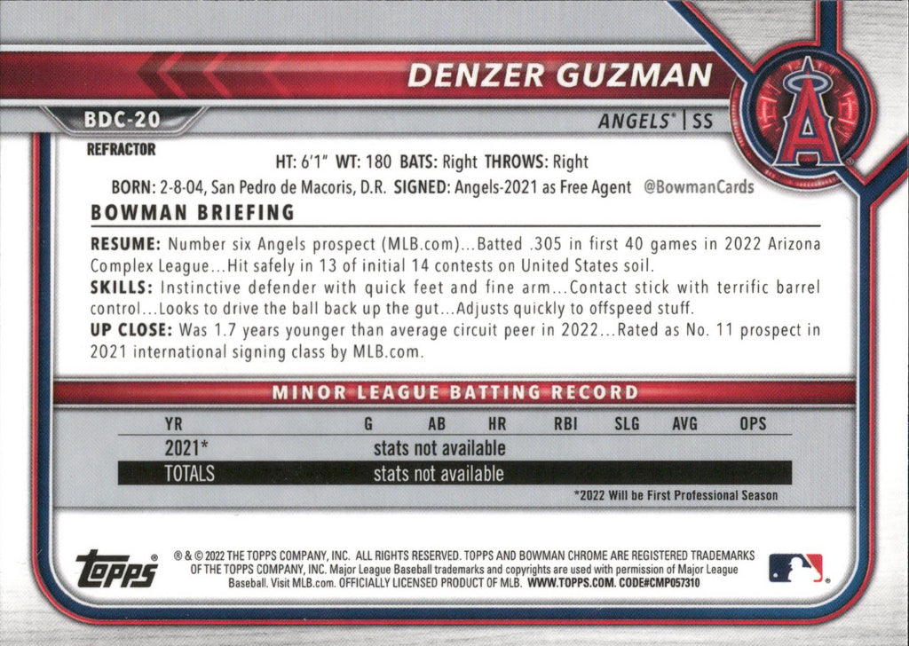 2022 Bowman Draft Chrome Refractor #BDC-20 Denzer Guzman Los Angeles Angels