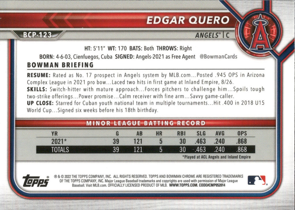 2022 Bowman Chrome Prospects Mojo Refractors #BCP-123 Edgar Quero Angels