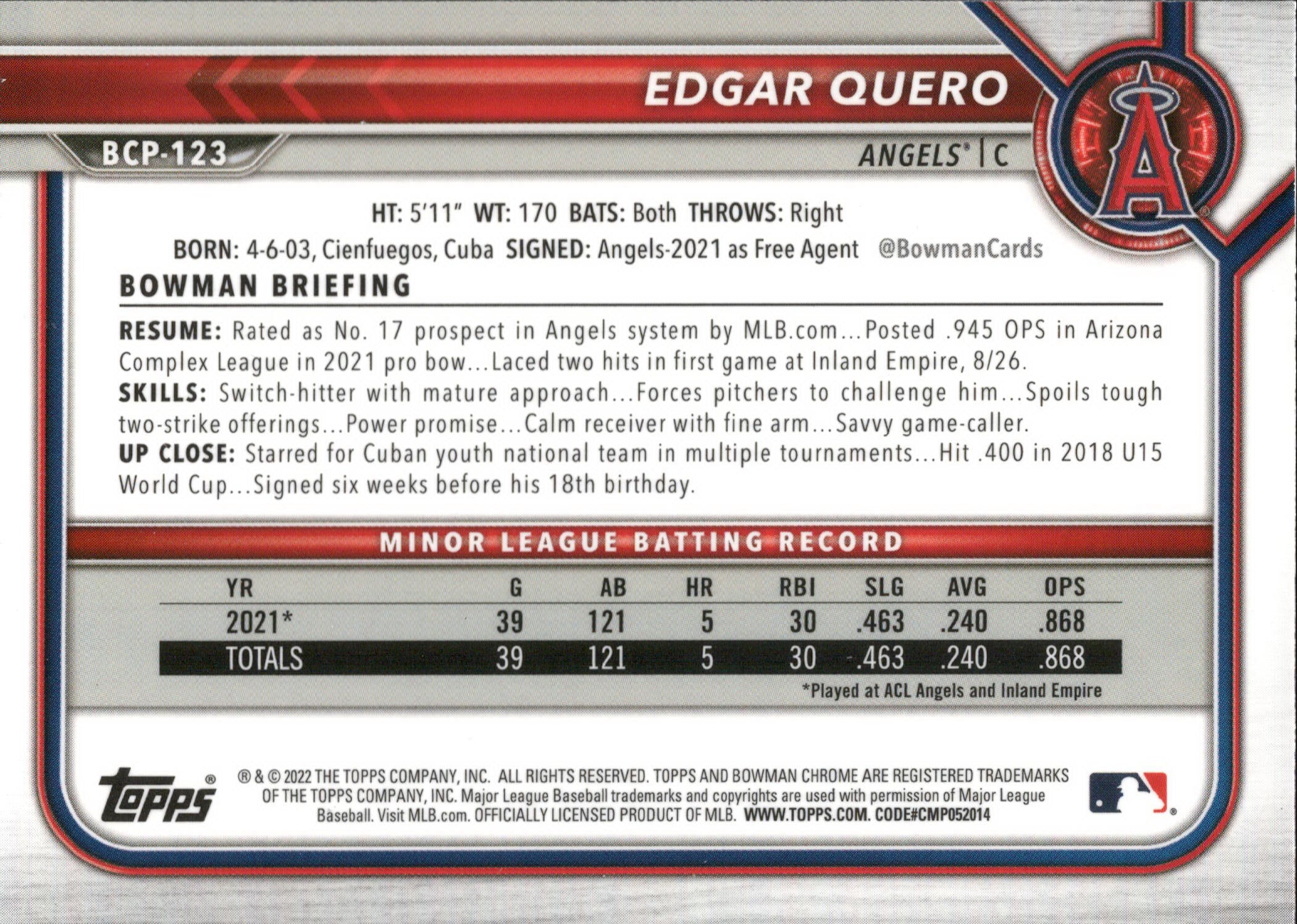 2022 Bowman Chrome Prospects Mojo Refractors #BCP-123 Edgar Quero Angels