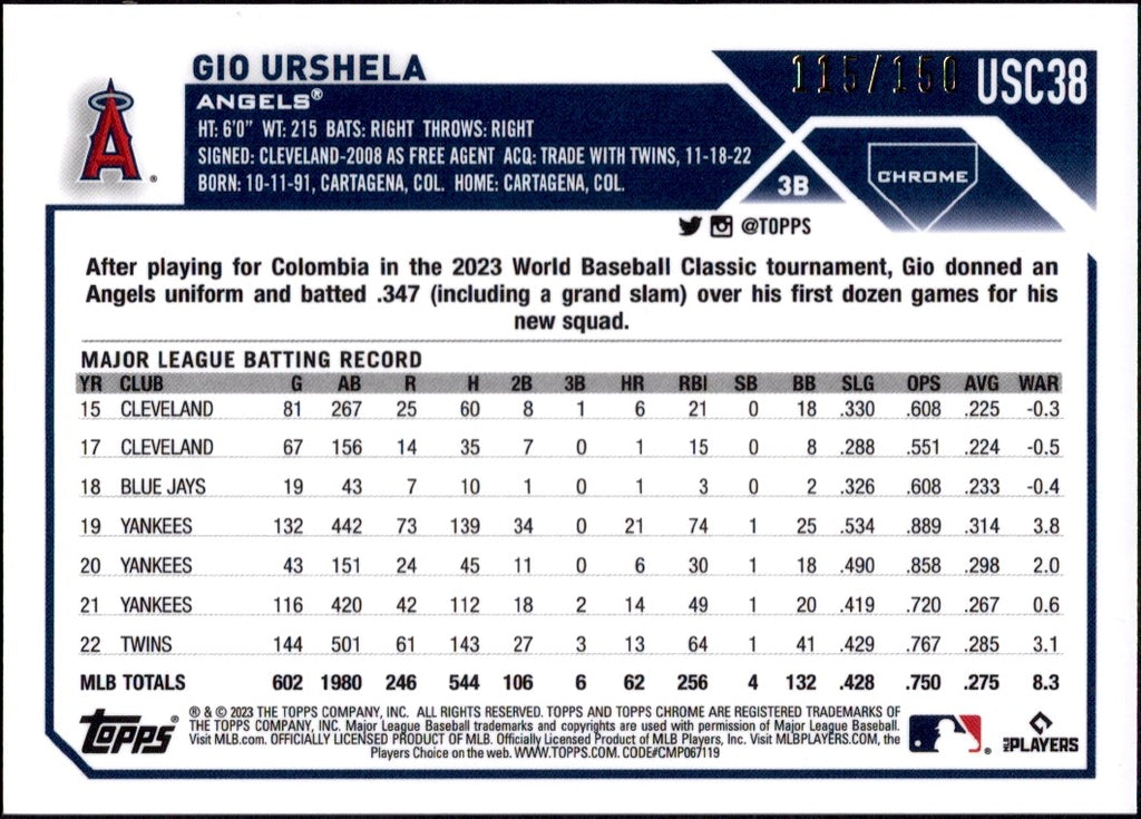 2023 Topps Chrome Update Blue #USC38 Gio Urshela ,/150 Los Angeles Angels