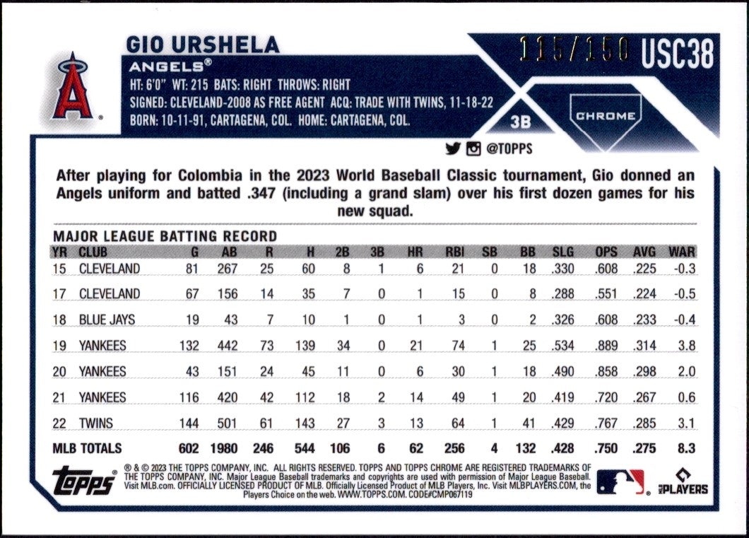 2023 Topps Chrome Update Blue #USC38 Gio Urshela ,/150 Los Angeles Angels
