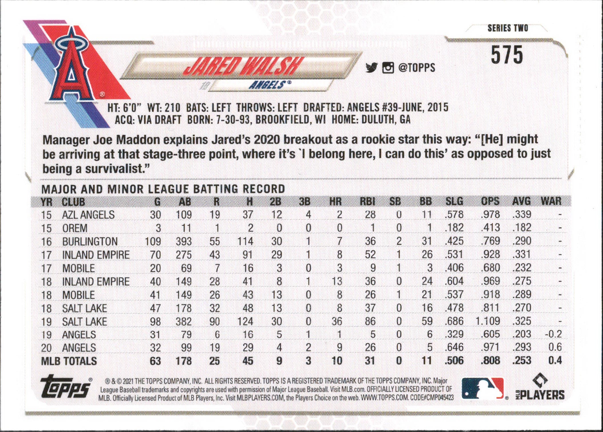 2021 Topps Gold Foil #575 Jared Walsh Los Angeles Angels