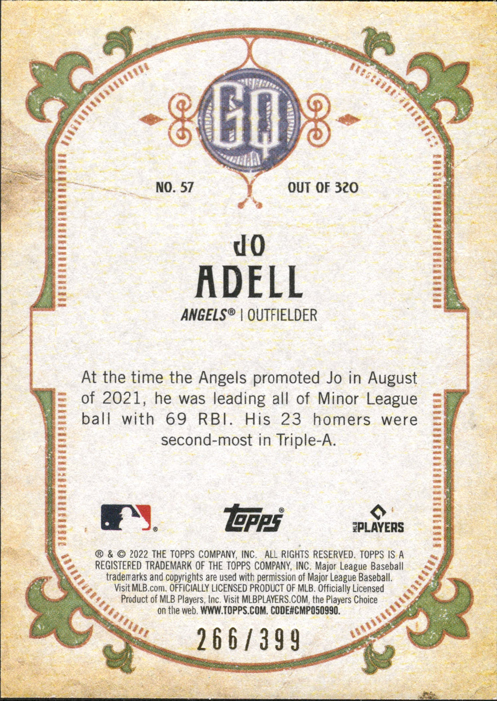 2022 Topps Gypsy Queen Burnt Umber #57 Jo Adell ,#/399 Los Angeles Angels