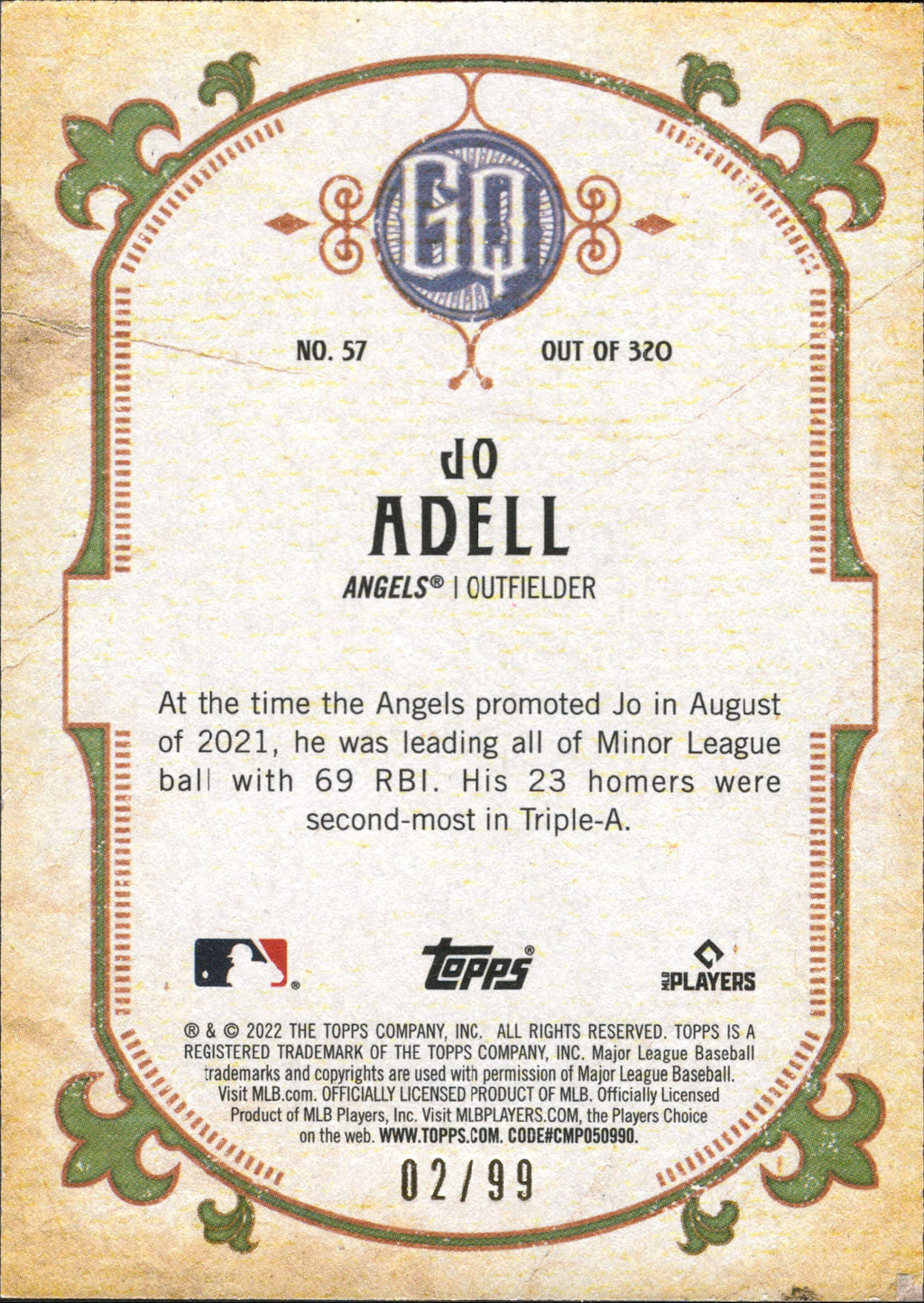 2022 Topps Gypsy Queen Sepia #57 Jo Adell ,/99 Los Angeles Angels