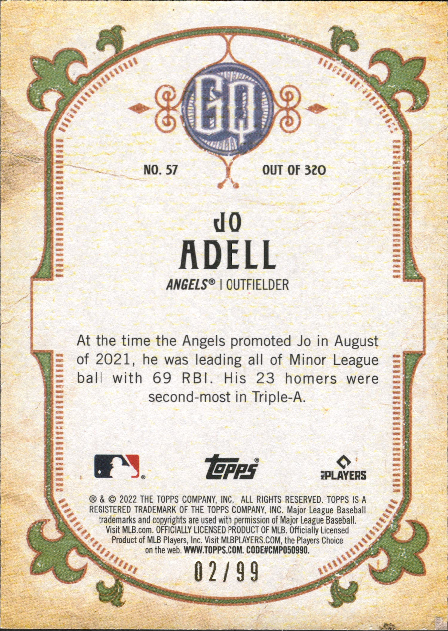 2022 Topps Gypsy Queen Sepia #57 Jo Adell ,/99 Los Angeles Angels