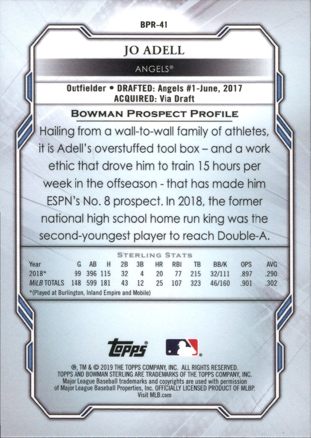 2019 Bowman Sterling #BPR-41 Jo Adell Los Angeles Angels