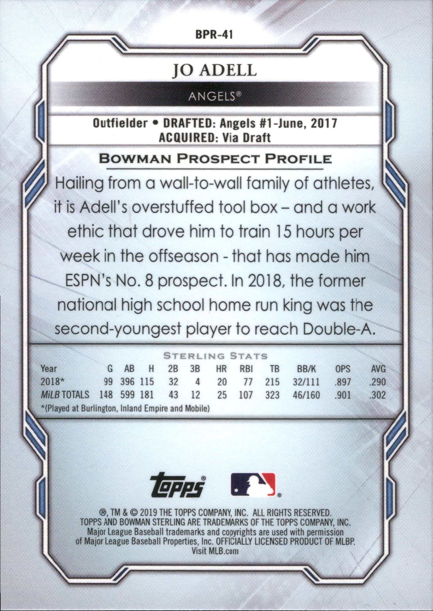 2019 Bowman Sterling #BPR-41 Jo Adell Los Angeles Angels