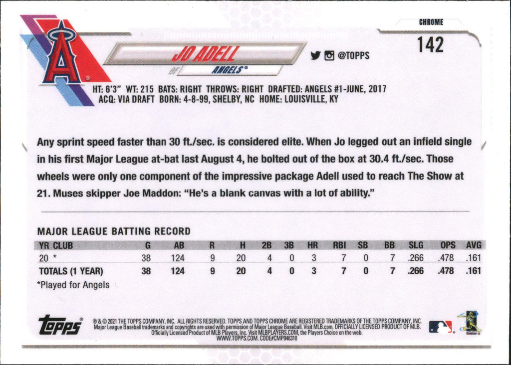 2021 Topps Chrome #142 Jo Adell RC Los Angeles Angels