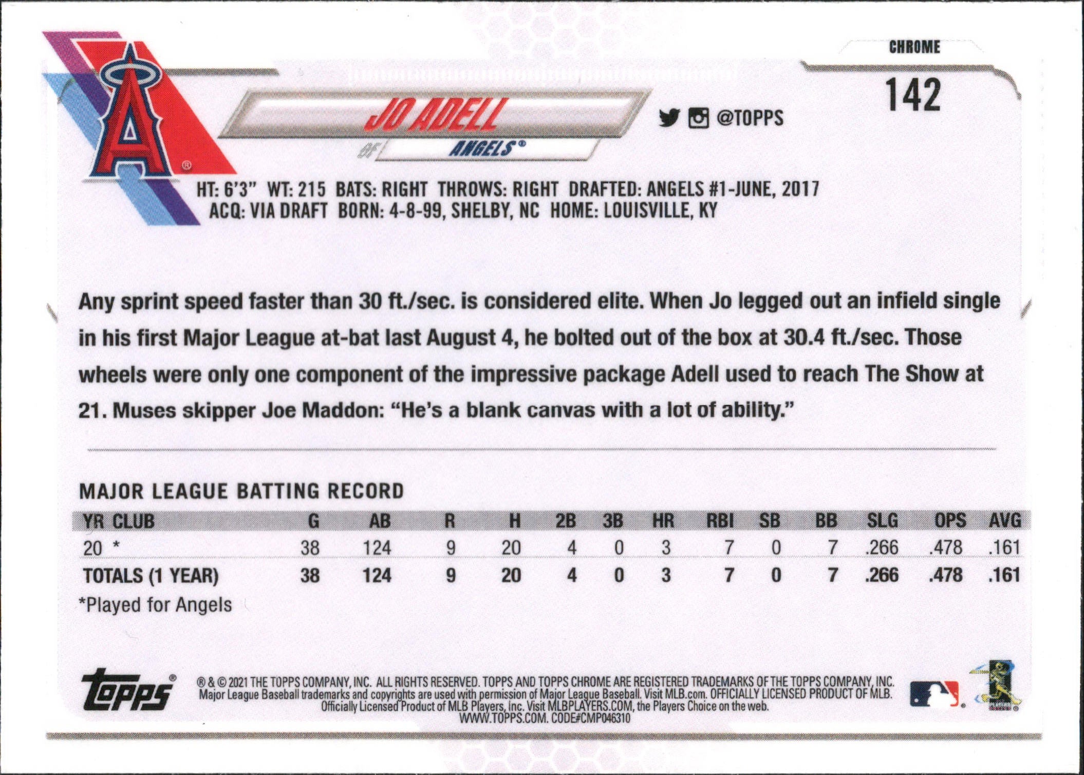 2021 Topps Chrome #142 Jo Adell RC Los Angeles Angels