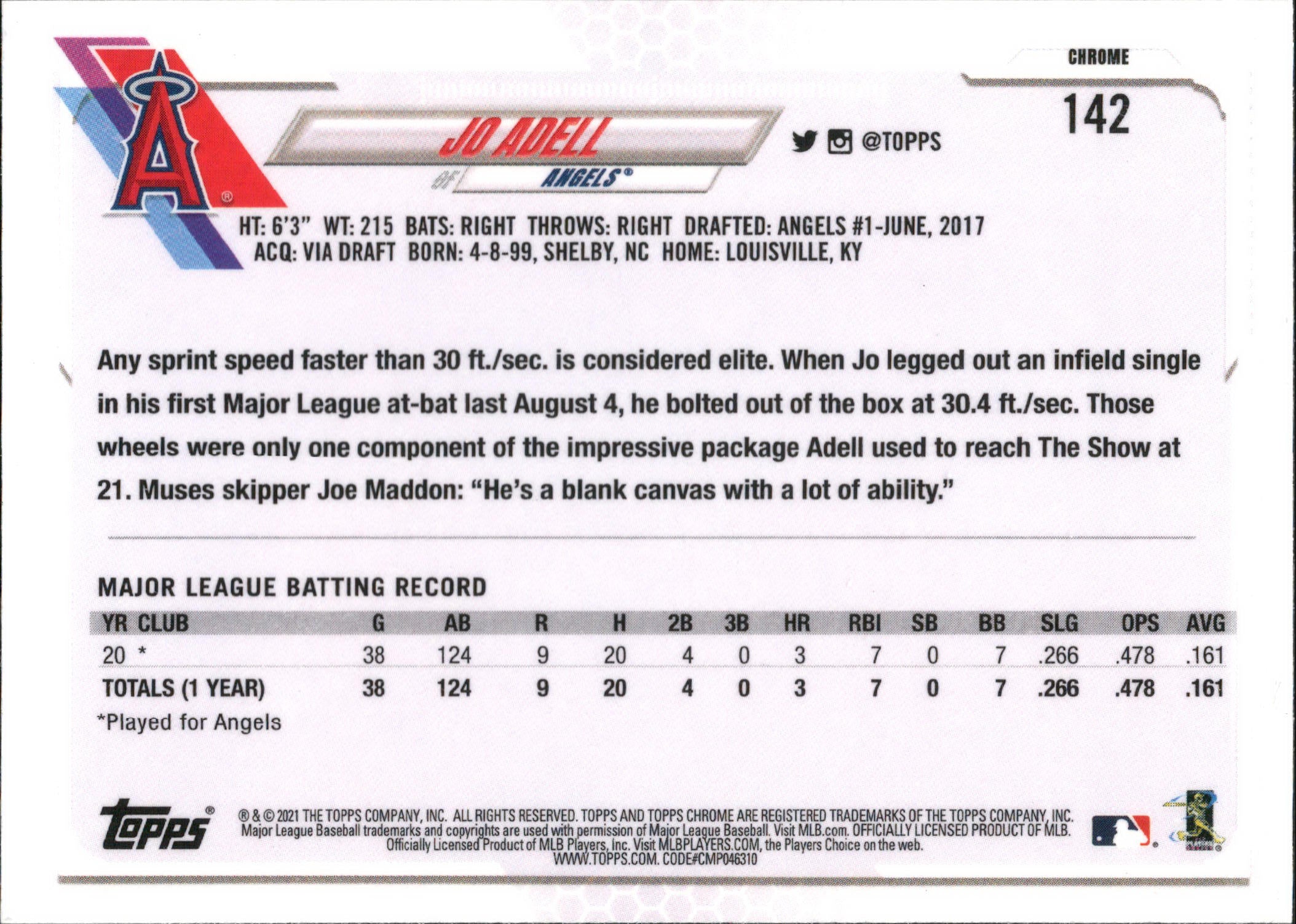 2021 Topps Chrome Prism Refractor #142 Jo Adell RC Los Angeles Angels