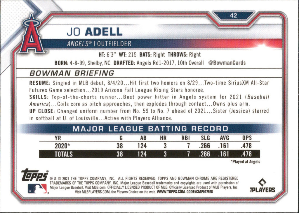 2021 Bowman Chrome #42 Jo Adell RC Los Angeles Angels