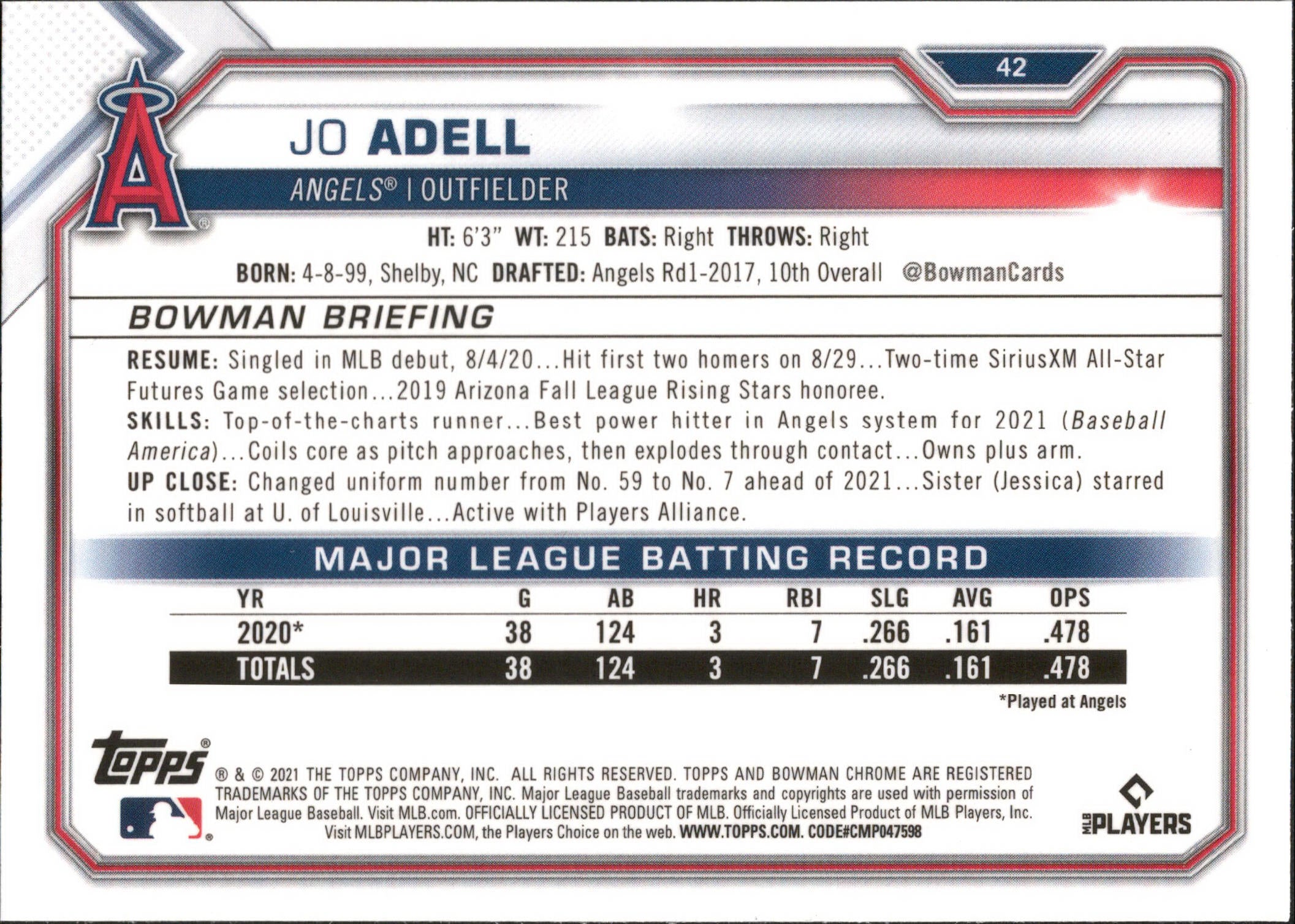 2021 Bowman Chrome #42 Jo Adell RC Los Angeles Angels