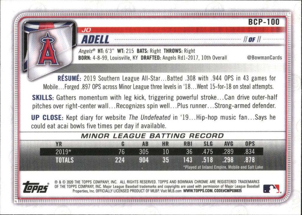 2020 Bowman Chrome Prospects Mojo Refractor #BCP-100 Jo Adell Los Angeles Angels