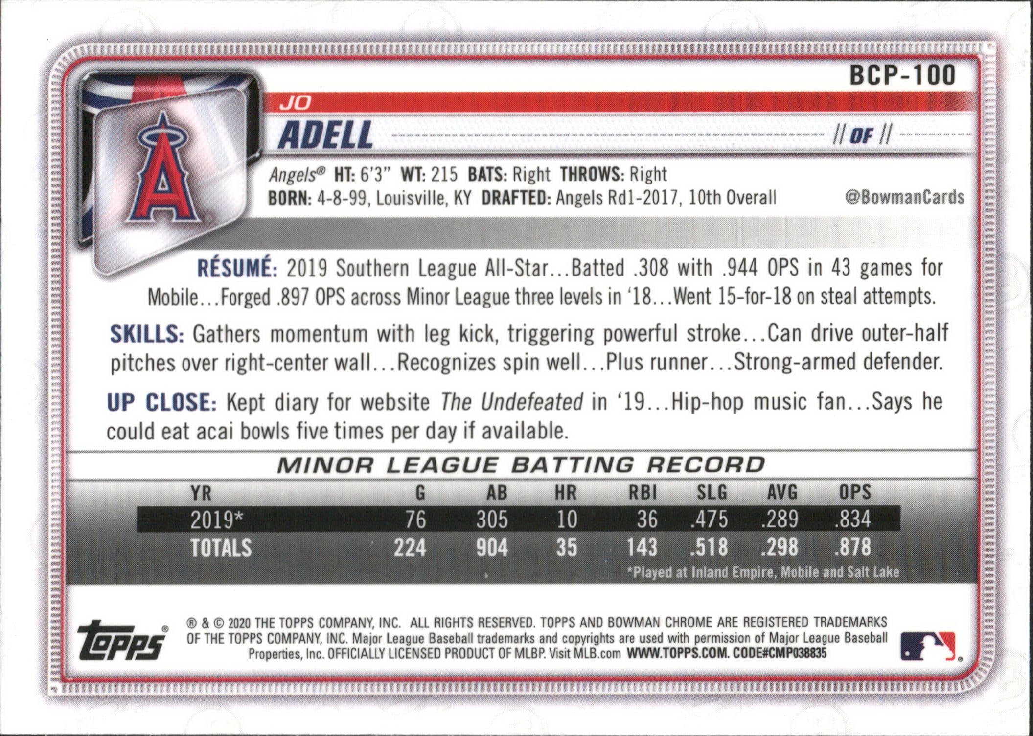 2020 Bowman Chrome Prospects Mojo Refractor #BCP-100 Jo Adell Los Angeles Angels