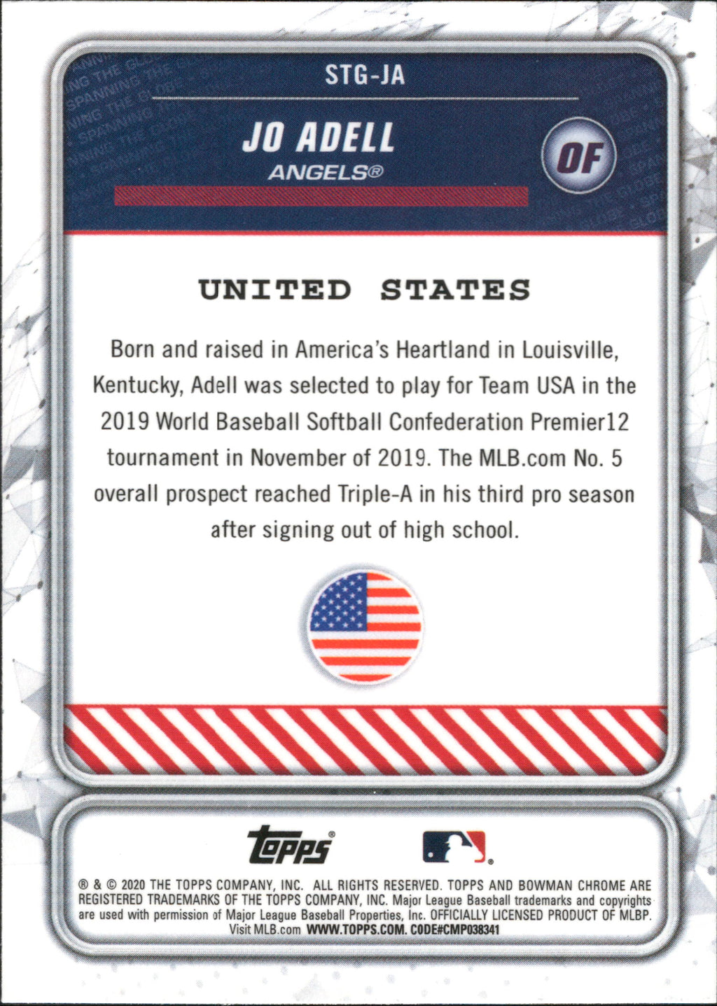2020 Bowman Chrome Spanning the Globe #STG-JA Jo Adell Los Angeles Angels