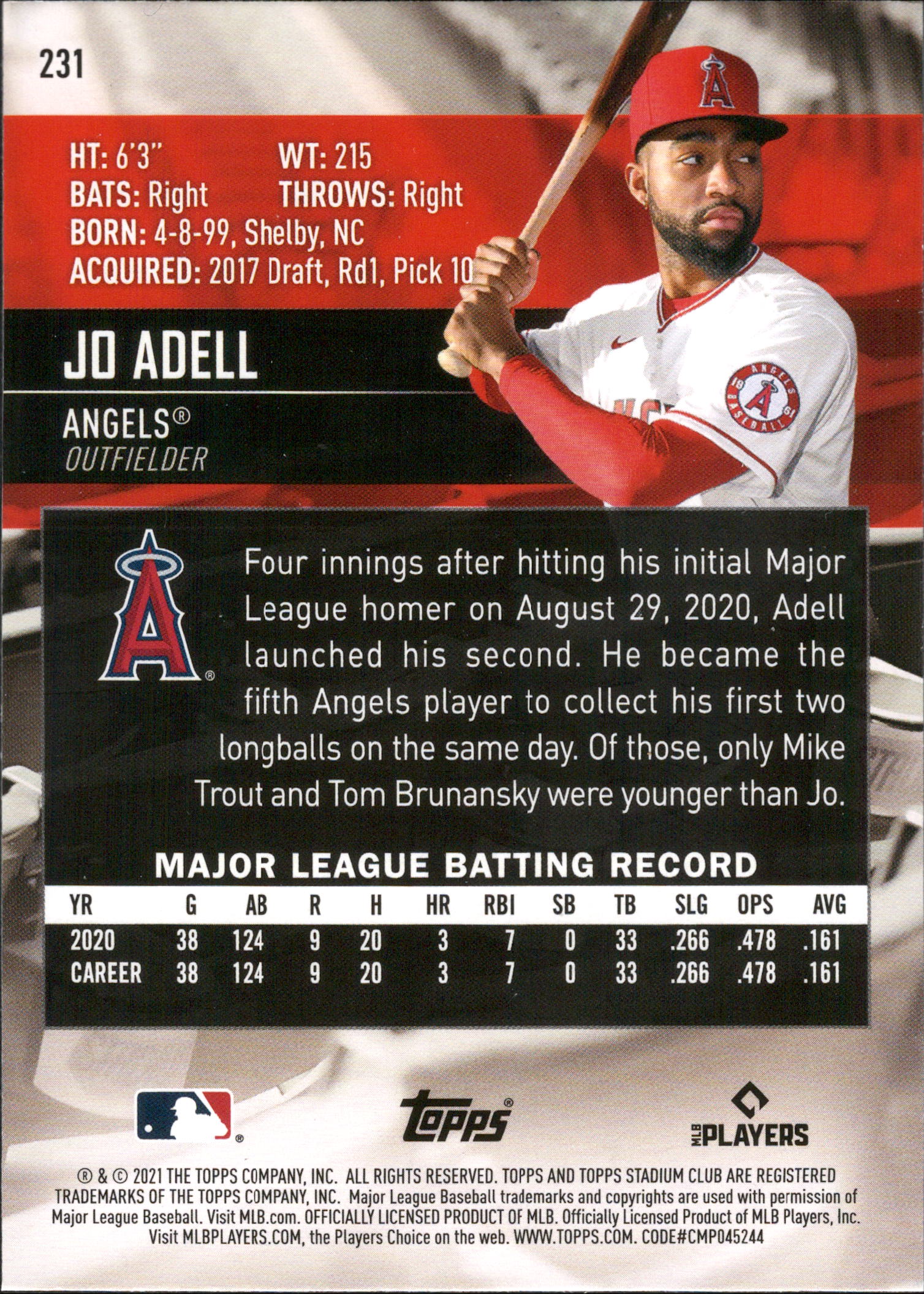 2021 Stadium Club Black Foil #231 Jo Adell RC Los Angeles Angels