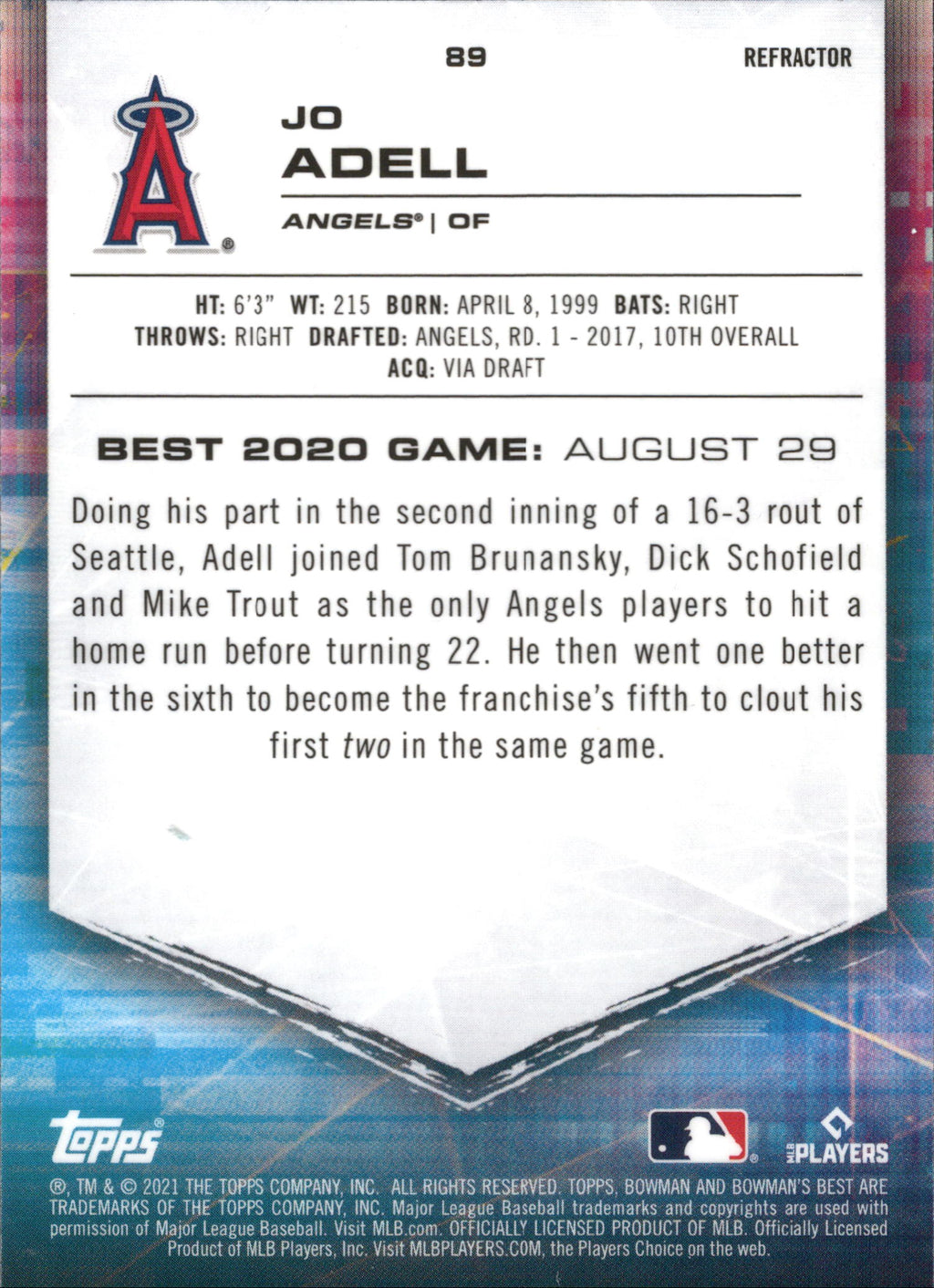 2021 Bowman's Best Refractor #89 Jo Adell ,RC Los Angeles Angels