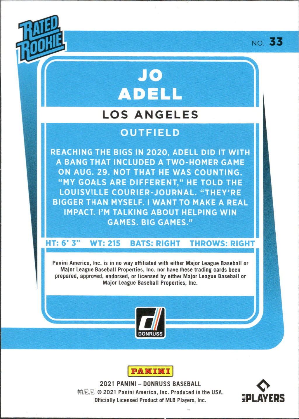 2021 Donruss Holo Blue #33 Jo Adell RC Los Angeles Angels