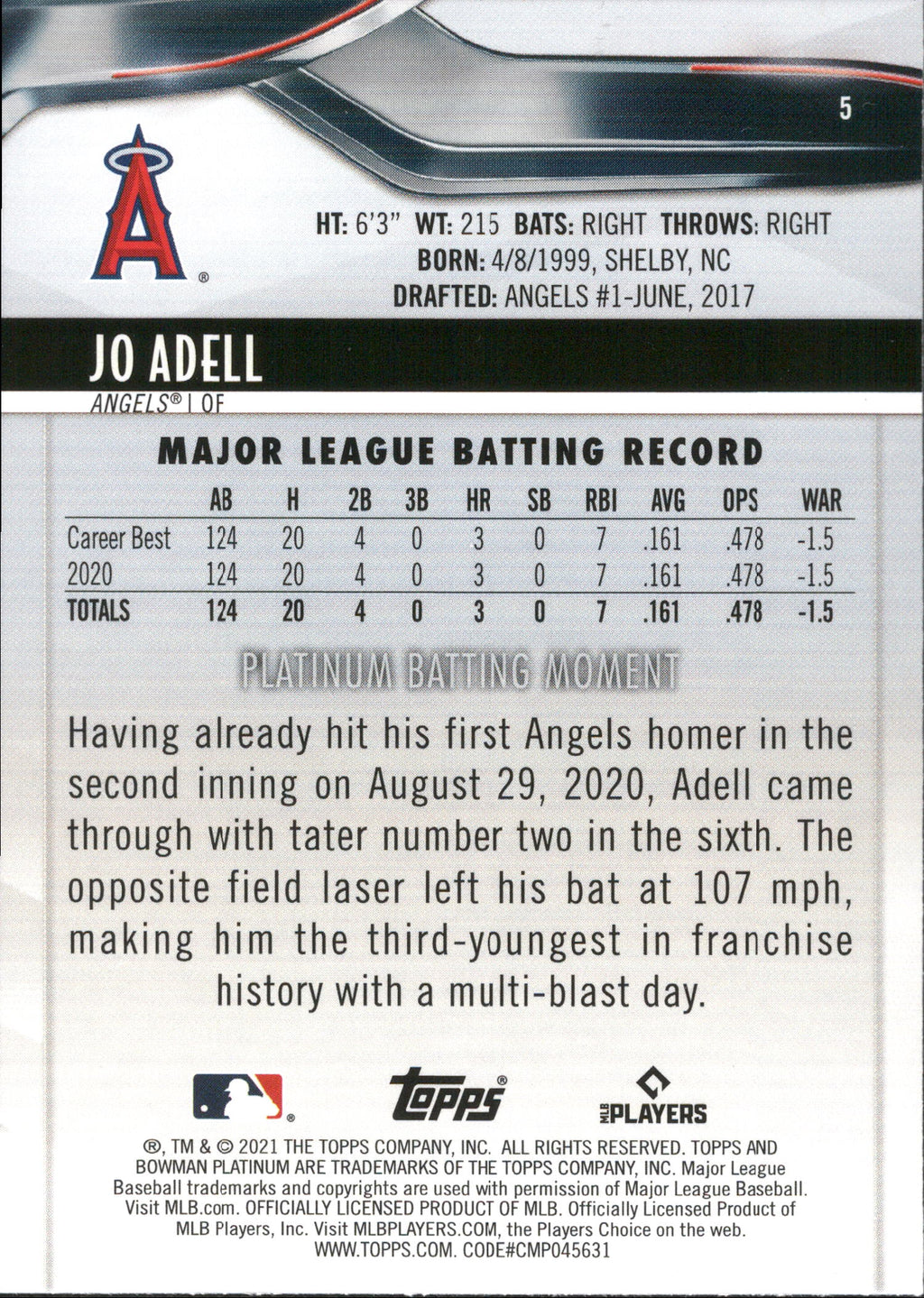 2021 Bowman Platinum #5 Jo Adell RC Los Angeles Angels