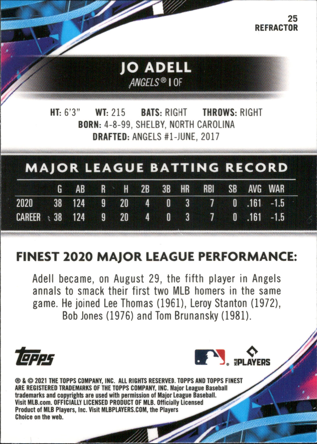 2021 Finest Refractor #25 Jo Adell RC Los Angeles Angels