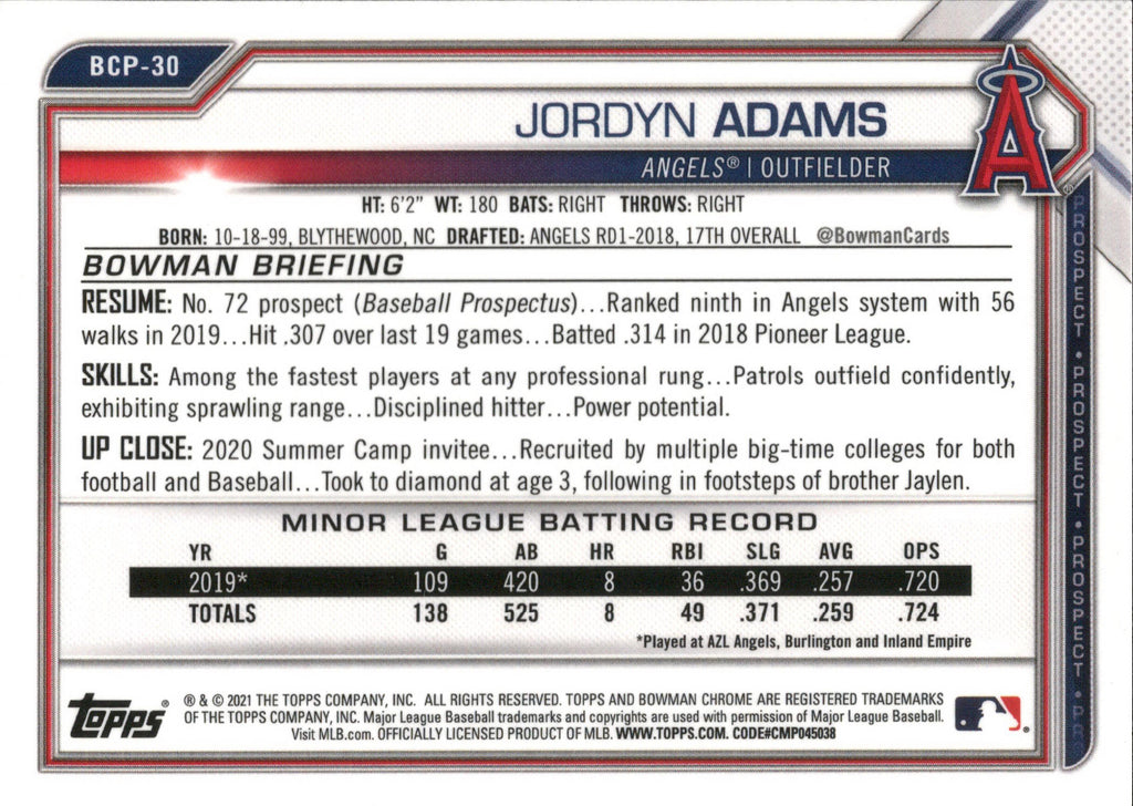 2021 Bowman Sapphire Edition #BCP-30 Jordyn Adams Los Angeles Angels